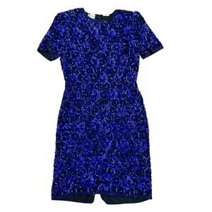 Vintage Stenay Women Blue 100% Silk Cocktail all over Sequin Sheath Dress Size 6